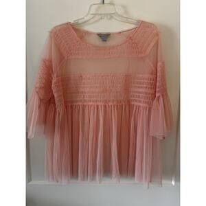 Belle sky Salmon Pink Nylon Net Tule Lace Tunic Top Sz XL Whimsy Goth Fairy
